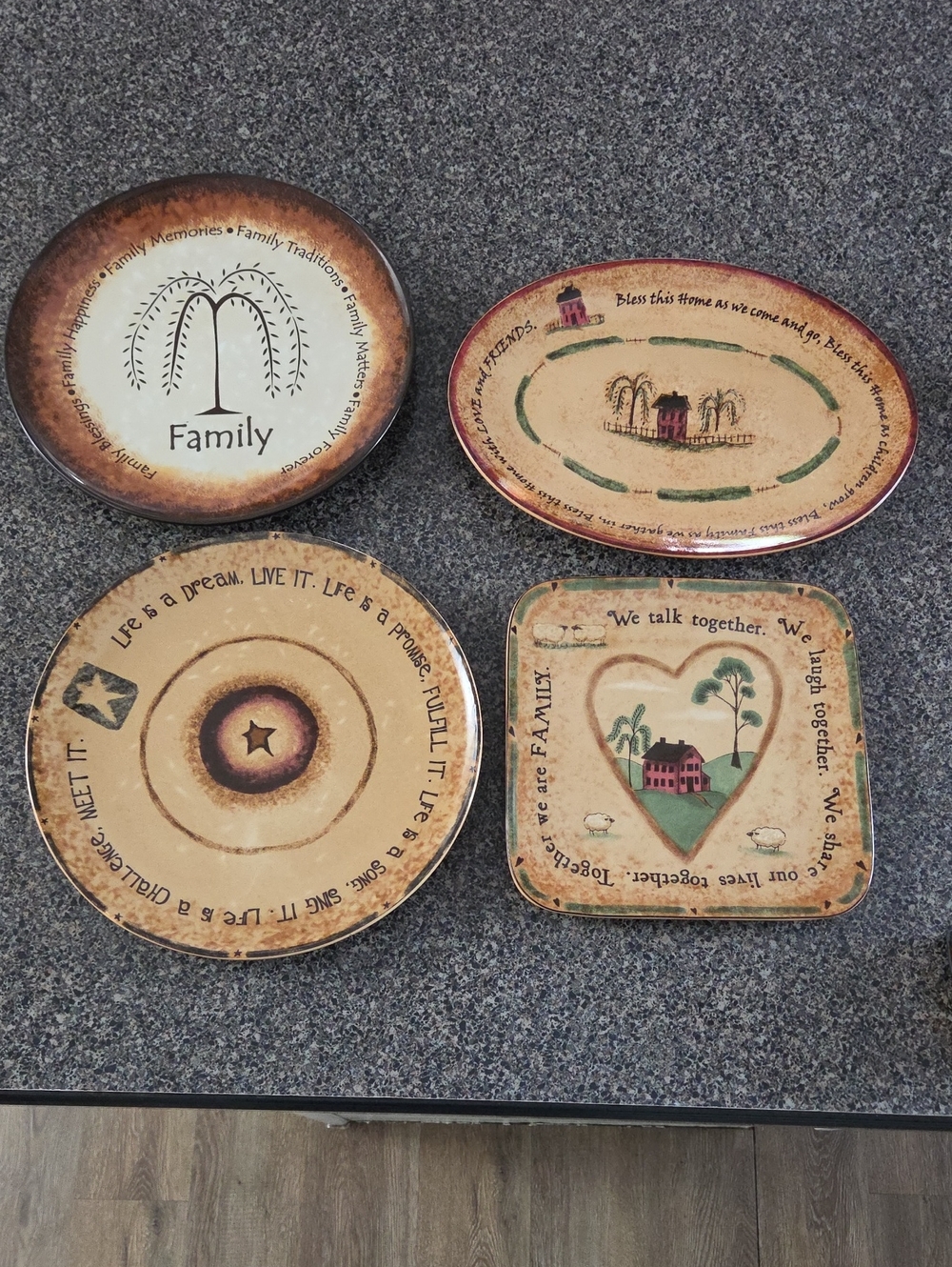 Set of 4 Rustic Family Decorative Plates - Neutral Brown & Cream - Picture 1 of 12